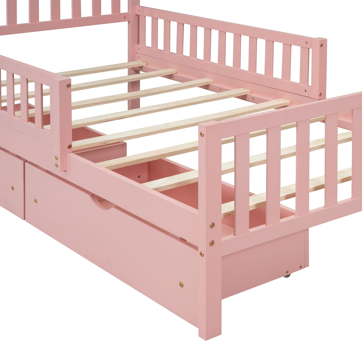 Twin Size Platform Bed With Guardrails On Both Sides And 2 Storage Drawers - Pink