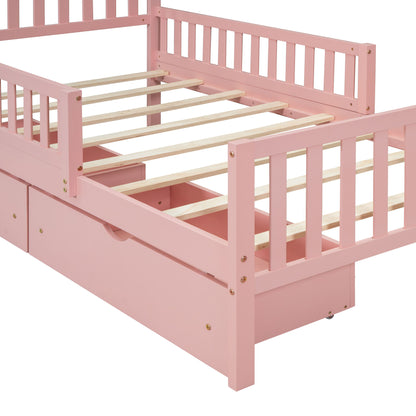 Twin Size Platform Bed With Guardrails On Both Sides And 2 Storage Drawers - Pink