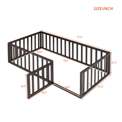 Twin Size Floor Bed Frame With Fence And Door - Walnut