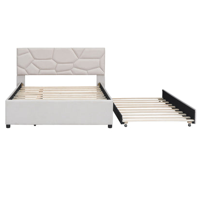 Full Size Upholstered Platform Bed With Brick Pattern Headboard And Twin Size Trundle - Beige