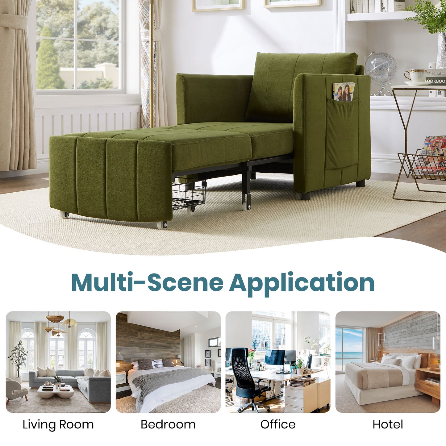 Upholstered Convertible Sleeper Sofa With Adjustable Backrest, Side Pockets, Storage Basket - Green