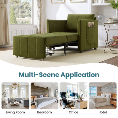 Upholstered Convertible Sleeper Sofa With Adjustable Backrest, Side Pockets, Storage Basket - Green