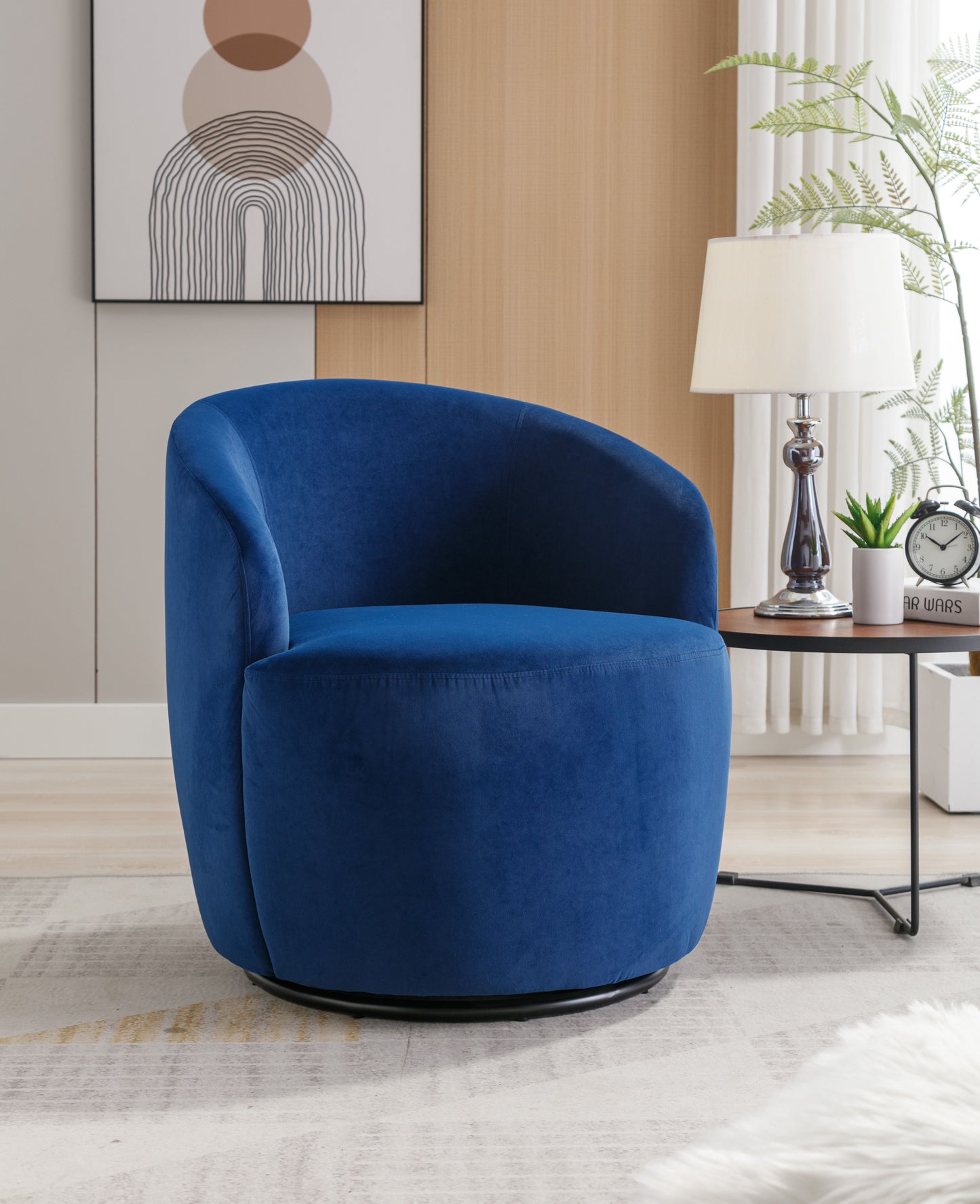Velvet Fabric Swivel Accent Armchair Barrel Chair With Black Powder Coating Metal Ring - Blue