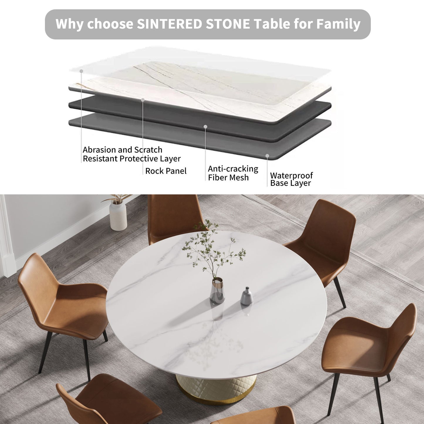59.05" Modern Artificial Stone Round Carbon Steel Base Dining Table, Can Accommodate 6 People - White