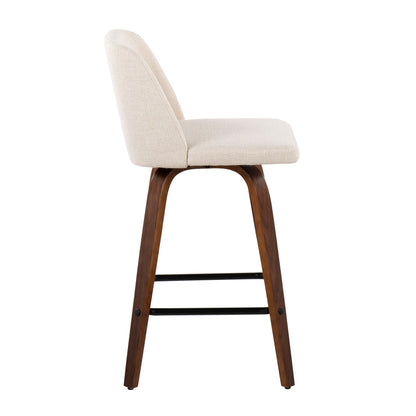 Toriano - Mid-Century Modern Fixed Height Counter Stool & Square Footrest (Set of 2) - Walnut / Cream