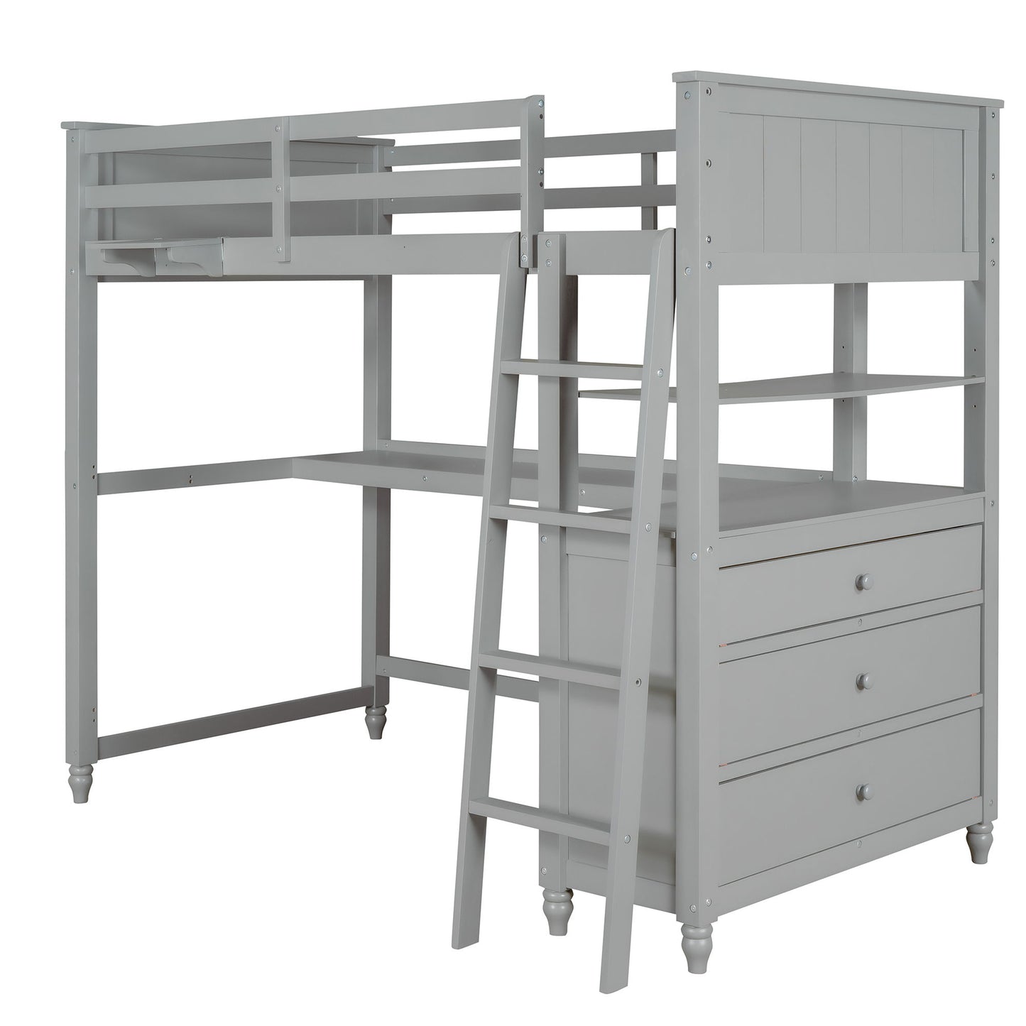Twin Size Loft Bed With Drawers And Desk, With Shelves - Gray