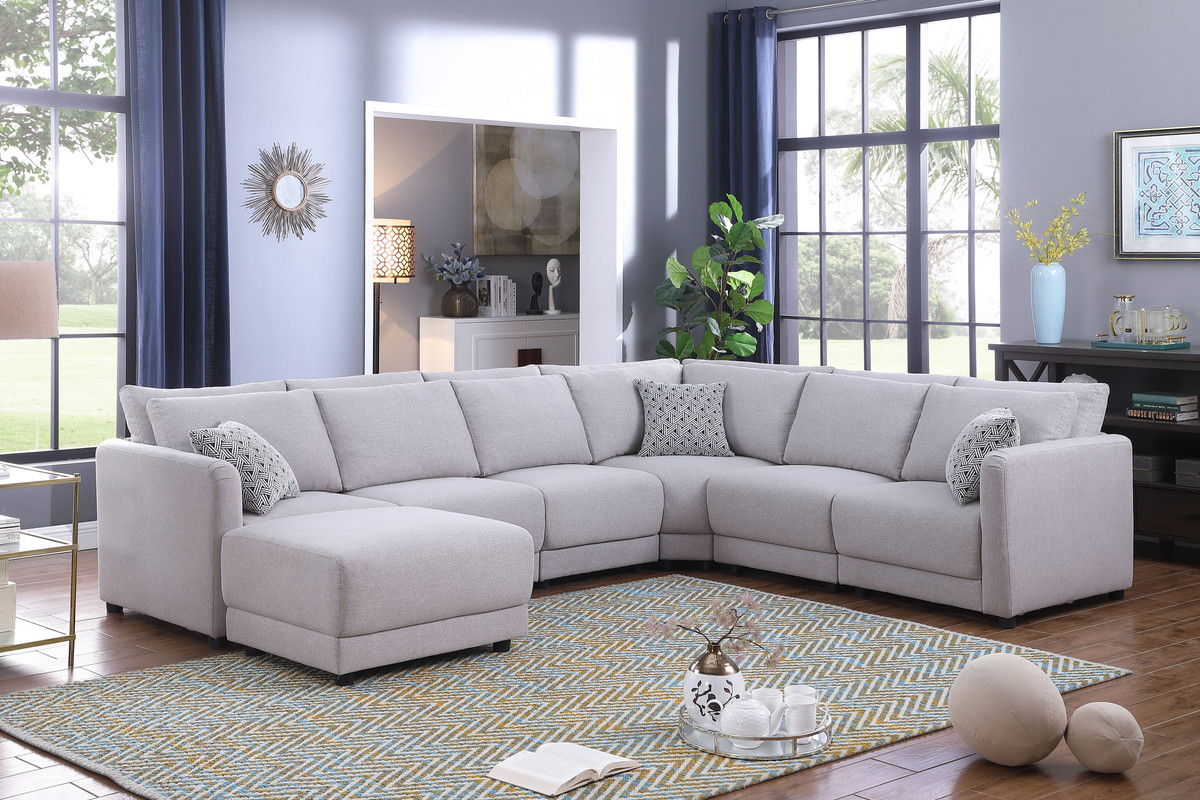 Penelope - Linen Fabric Reversible 7 Piece Modular Sectional Sofa With Ottoman And Pillows - Light Gray