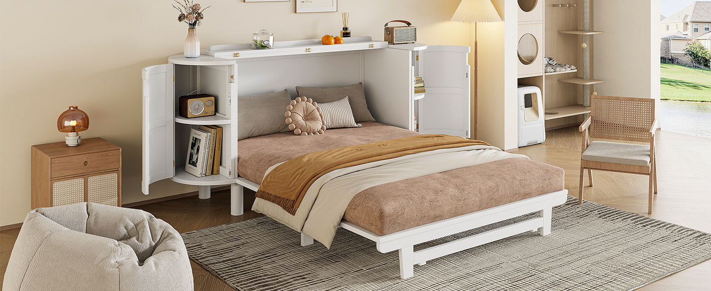 Queen Murphy Bed With Hidden Storage & Modern Woven Design - White