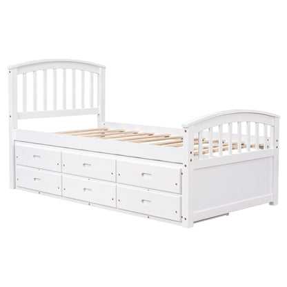 Twin Size Platform Storage Bed Solid Wood Bed With 6 Drawers - White