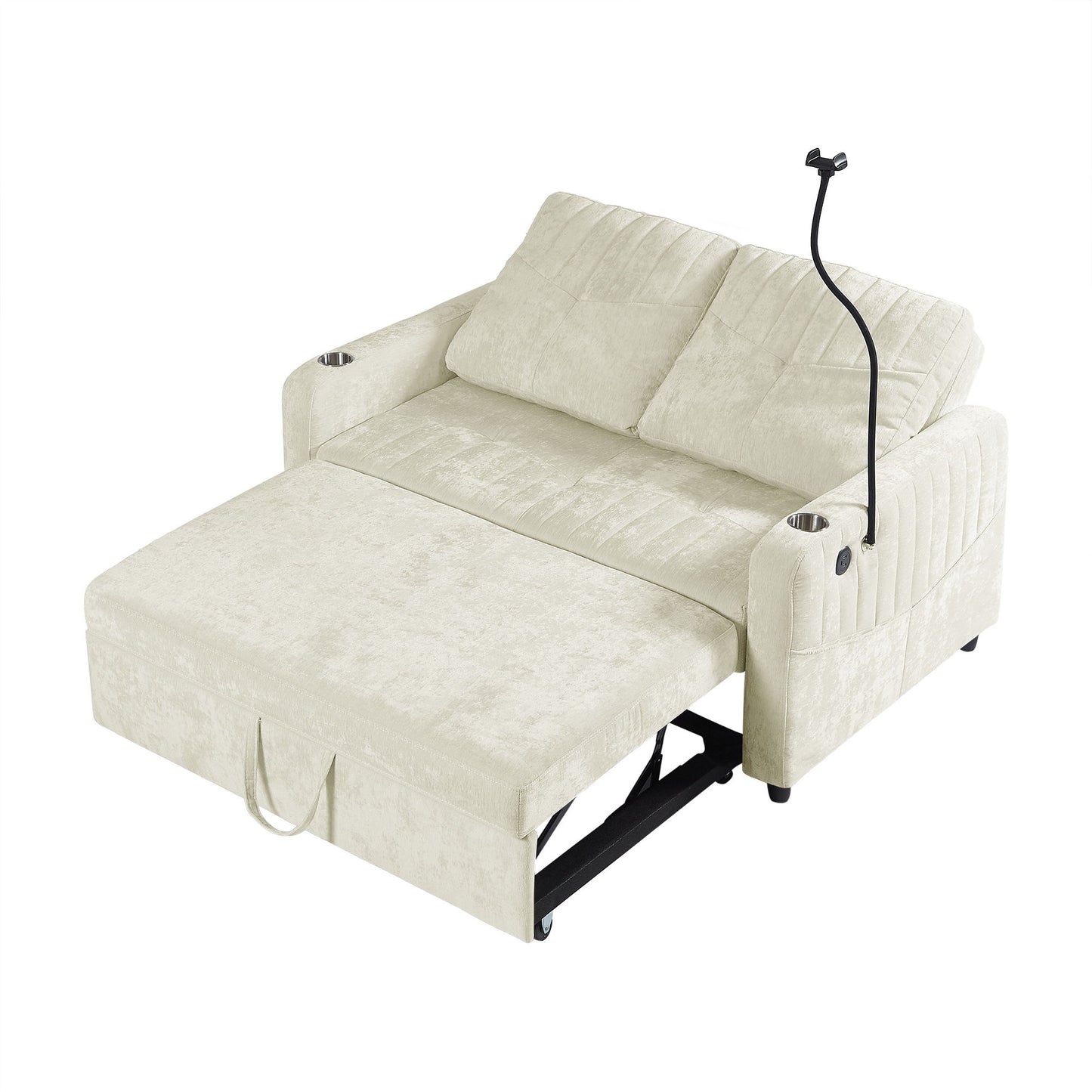 Modern Loveseat Pull Out Sofa Bed With Adjustable Backrest, Two Cup Holders, A Phone Holder, Three Charging Ports And Side Storage Pockets For Living Room - Beige