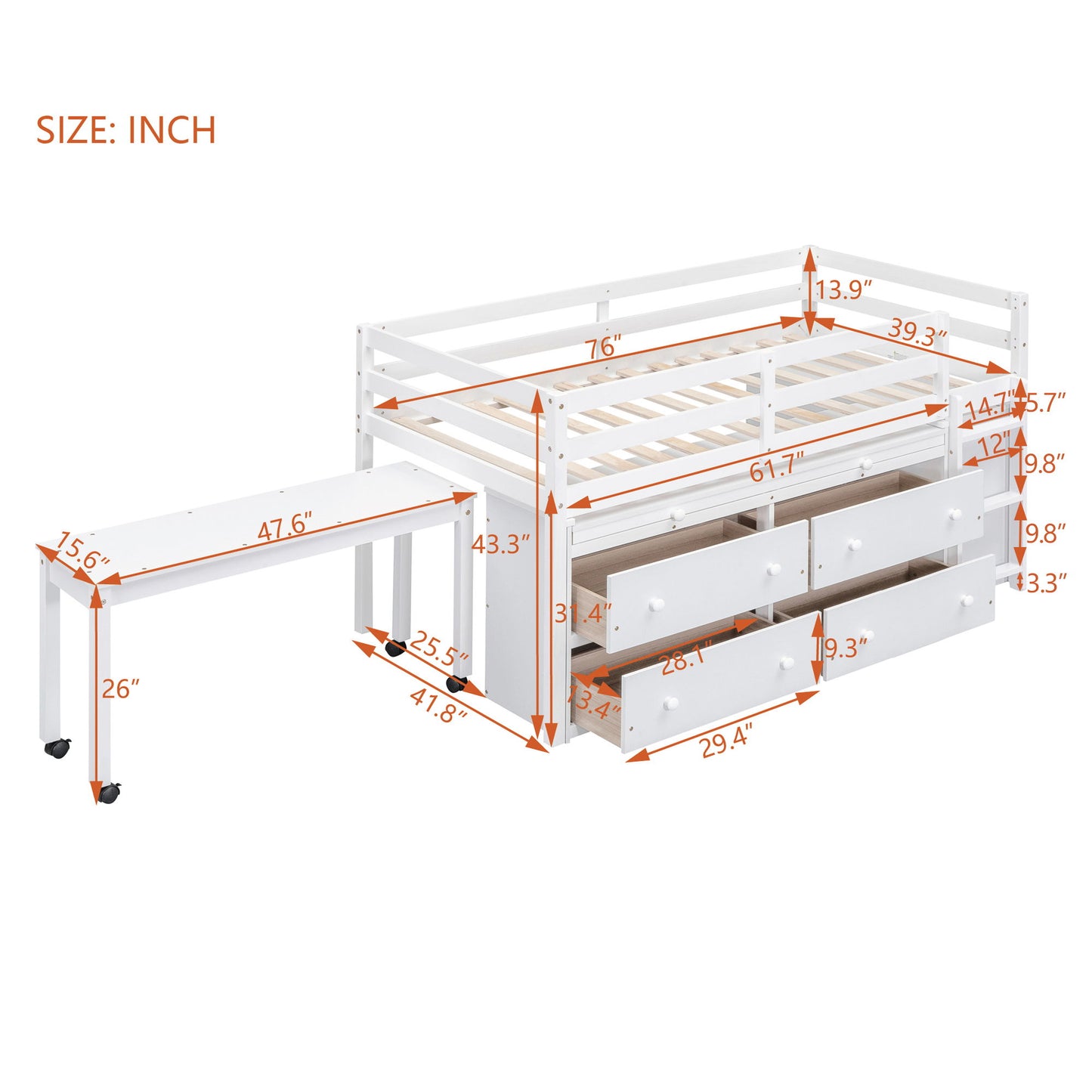 Twin Size Loft Bed With Retractable Writing Desk And 4 Drawers, With Lateral Portable Desk And Shelves - White