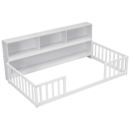 Twin Floor Bed With Bedside Bookcase, Shelves, Guardrails - White