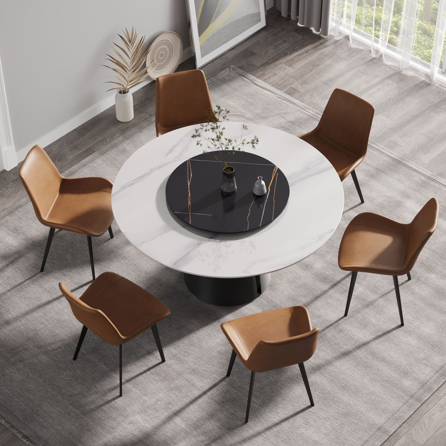 59.05" Modern Artificial Stone Round Carbon Steel Base Dining Table, Can Accommodate 6 People, Black Artificial Stone Turntable - White / Black