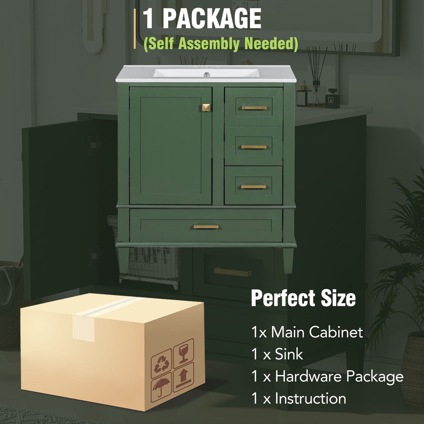 Bathroom Vanity, Modern Bathroom Cabinet With Sink Combo Set, Bathroom Storage Cabinet With A Soft Closing Door And 3 Drawers, Solid Wood Frame - Green