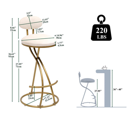 Round Bar Stool Armless Velvet Barstools With Back (Set of 2) Upholstered Counter Chair For Dining Room, Kitchen Island - Gold / Creamy White