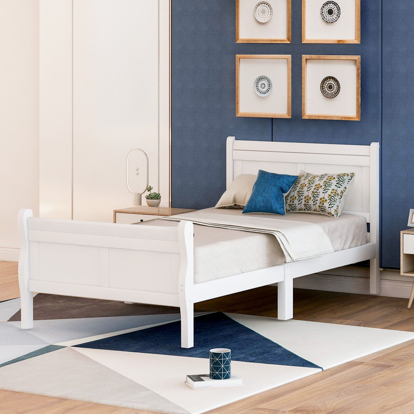Twin Platform Bed Frame Mattress Foundation Sleigh Bed With Headboard, Footboard, Slat Support - White