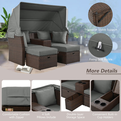 2 Seater Outdoor Patio Daybed Outdoor Double Daybed Outdoor Loveseat Sofa Set With Foldable Awning And Cushions For Garden, Balcony, Poolside - Gray