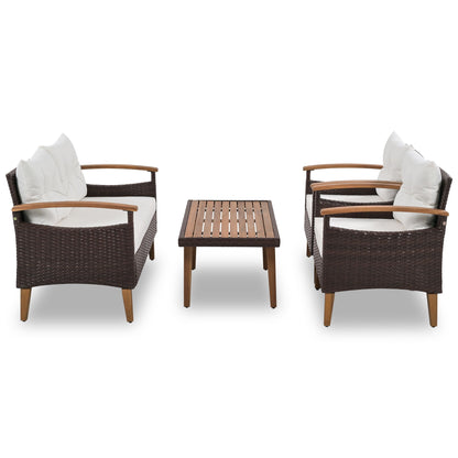 4 Piece Garden Furniture, Patio Seating Set, Outdoor Sofa Set, Wood Table And Legs - Brown / Beige