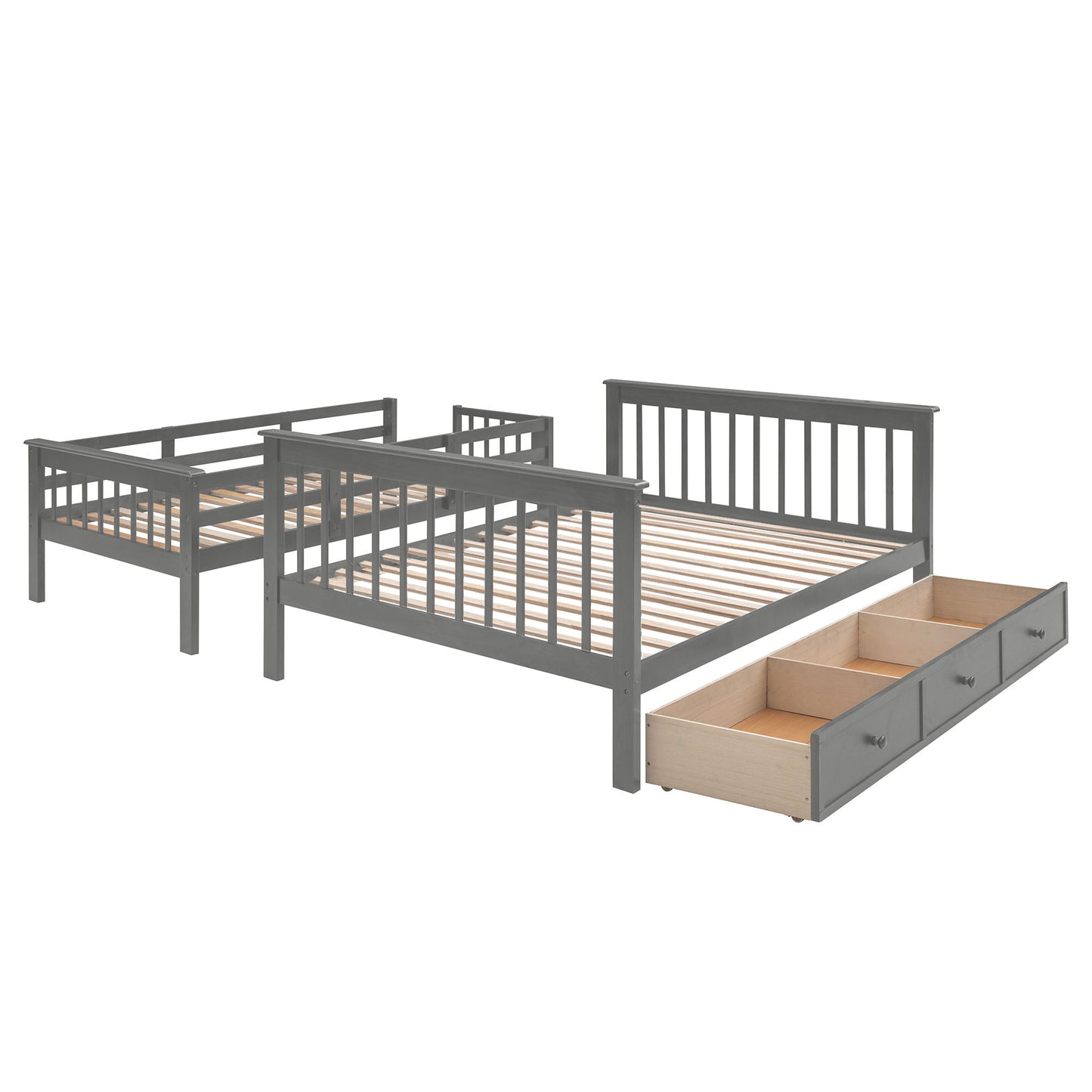 Twin Over Full Stairway Bunk Bed With Drawer, Storage And Guard Rail For Bedroom - Gray