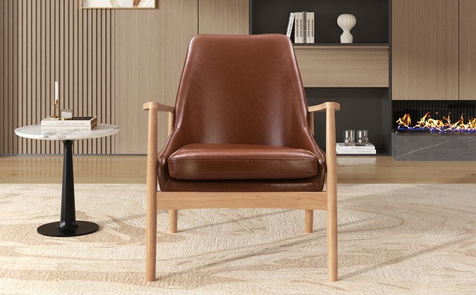 Accent Chair, Mid-Century Modern Armchair With Solid Wood Frame, Reading Leisure Chair With High Back For Living Room - Brown
