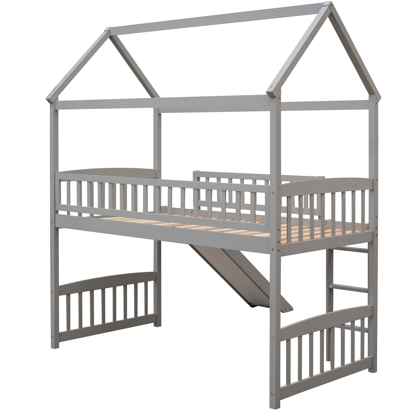 Twin House Loft Bed With Slide - Gray