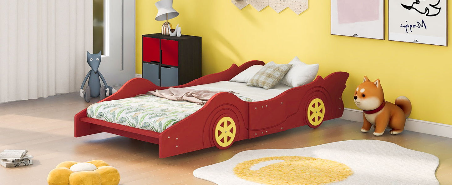 Twin Size Platform Bed Race Car Shaped With Wheels - Red