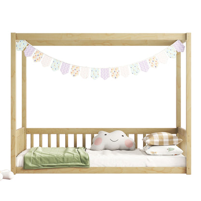 Twin Size Canopy Frame Floor Bed With Fence, Guardrails - Natural