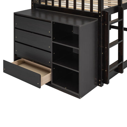 Twin Over Twin Classic Bunk Bed With 4 Drawers And 3 Shelves - Espresso