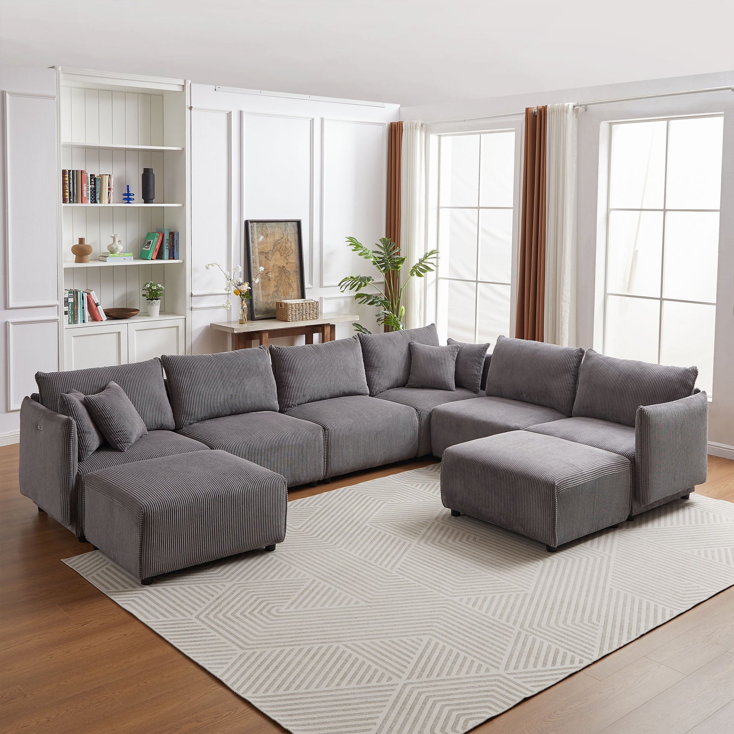 Multi Module Combination Style Sofa For Living Room And Other Lounge Spaces, Modern Minimalist Corduroy Combination Sofa With 2 Comfort Cushions With USB & C Charging Ports, 2 Sets - Gray