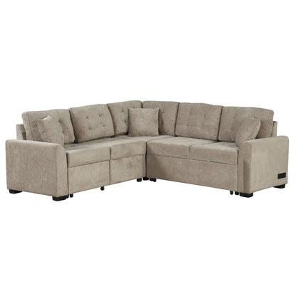 L-Shape Sofa Bed Pull-Out Sleeper Sofa With Wheels, USB Ports, Power Sockets For Living Room - Khaki