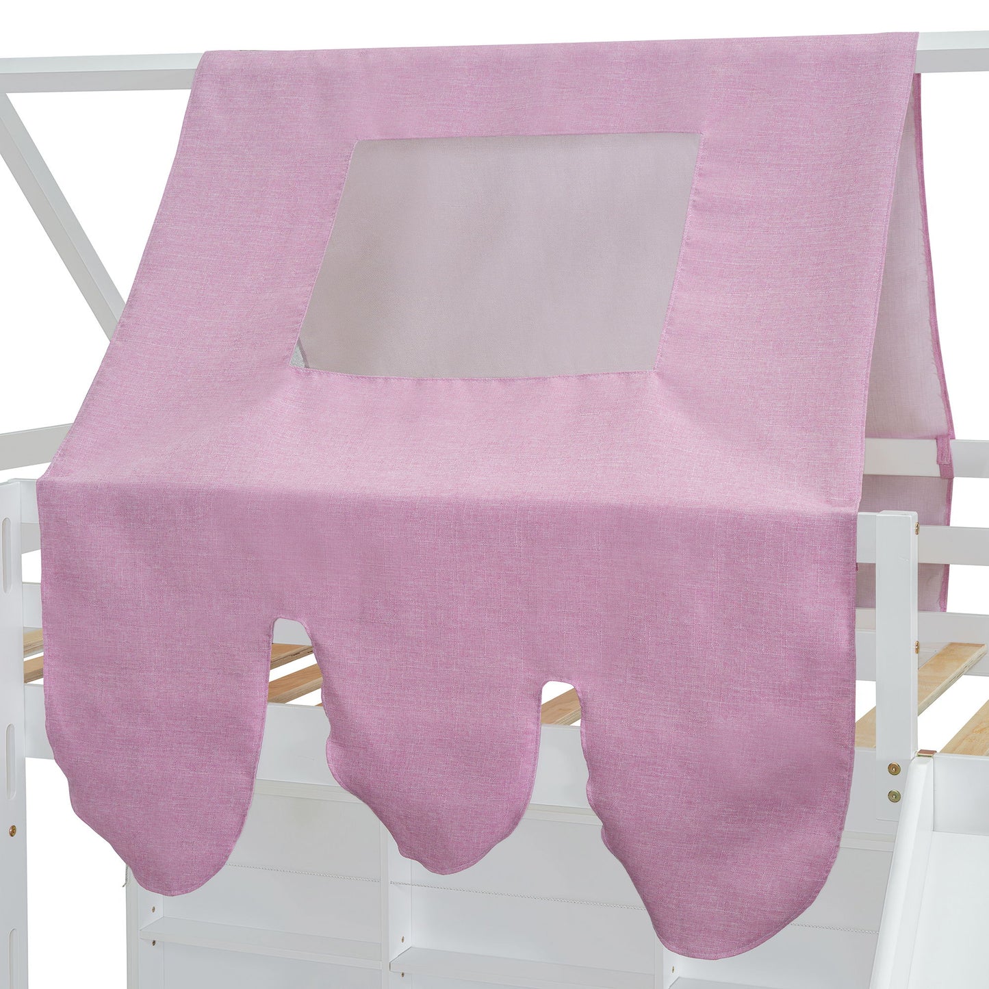 Twin Size Charming House Shaped Loft Bed With Tent And Slide - White / Pink