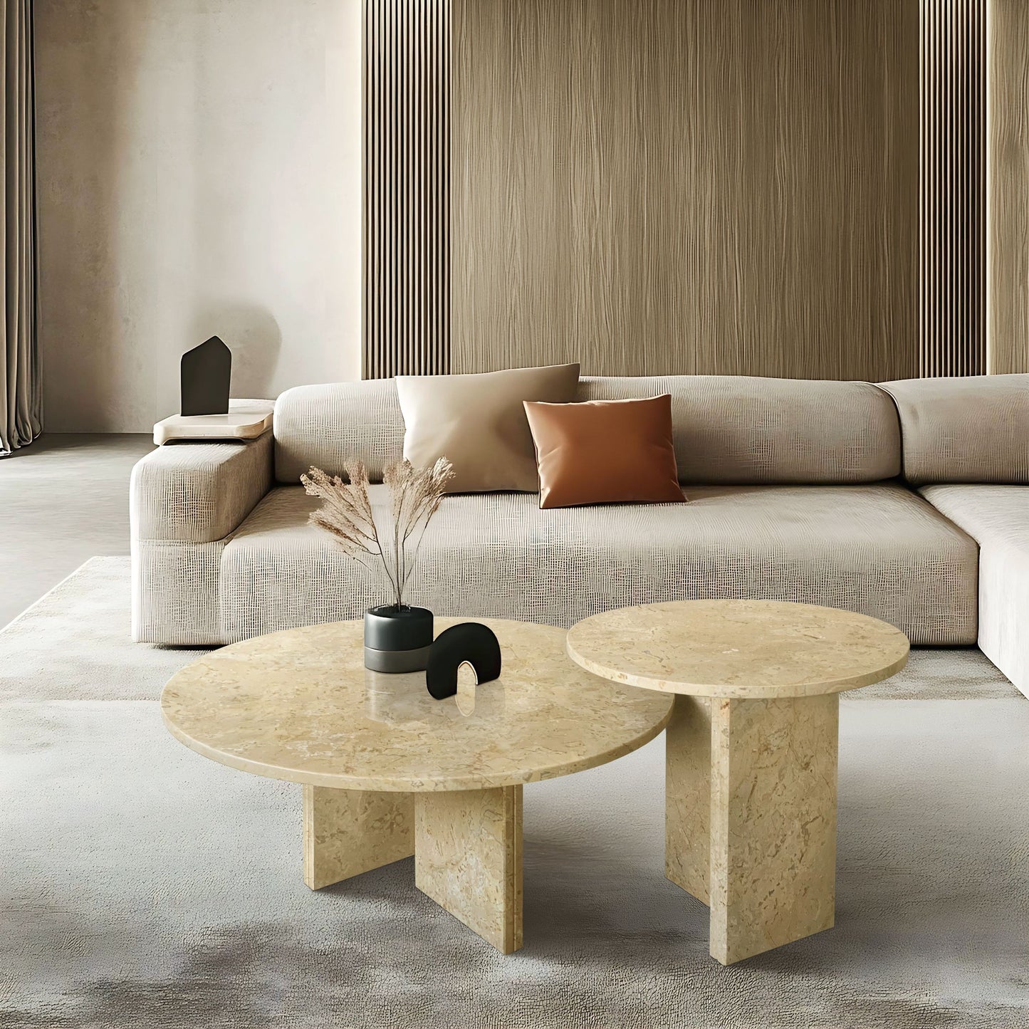 Elegant Marble Coffee Table Set Natural Stone - Gold Yellow Beige, Small Living Room Table Duo - Beige / Gold / Beige / Yellow