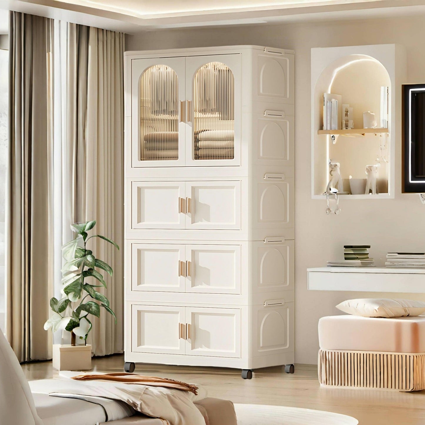 Folding Wardrobe Cabinet Wide White Plastic With Magnetic Doors, Wheels, And 10 Hangers - Cream White