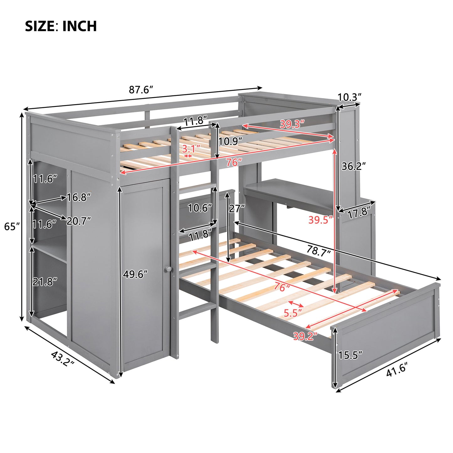 Twin Size Loft Bed With A Stand Alone Bed, Shelves, Desk, And Wardrobe - Gray