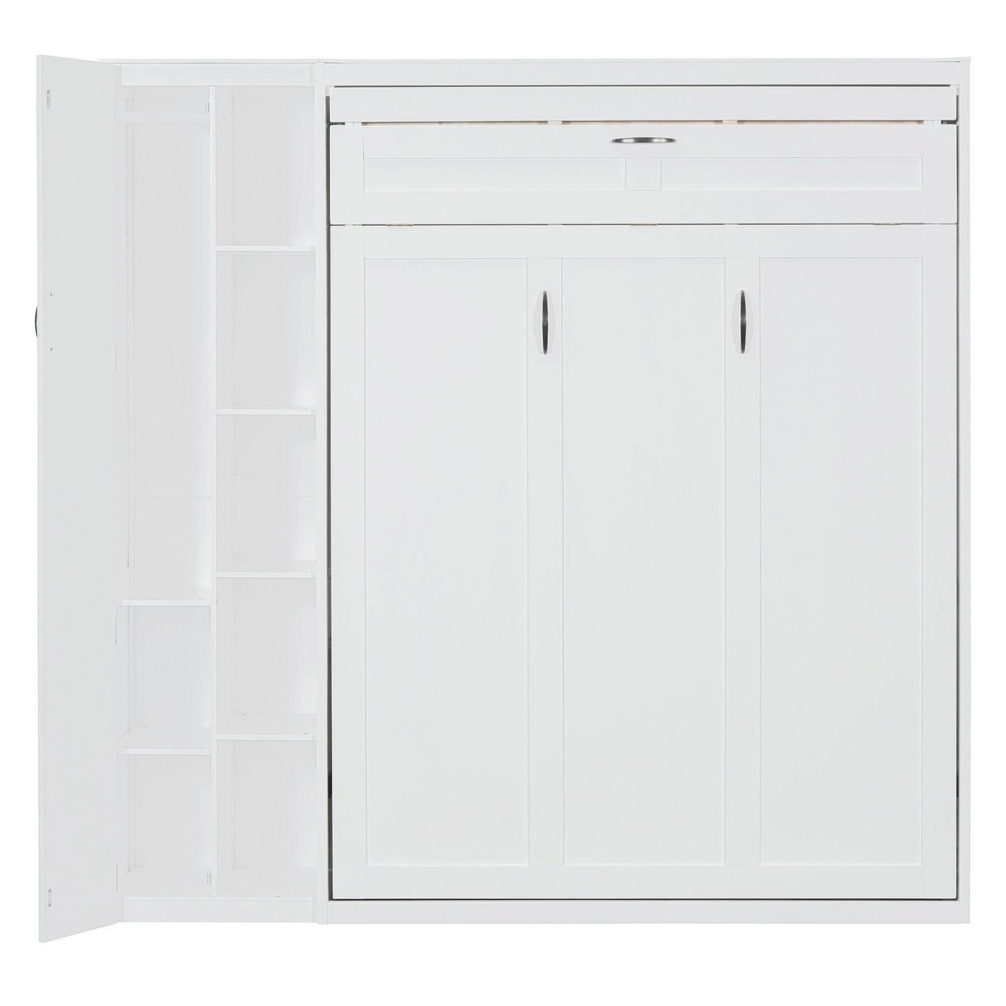 Full Size Murphy Wall Bed With Shelves, Wardrobe And LED Lights - White