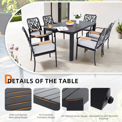 Modern Outdoor Table With Alternating Wide And Narrow Slats, Angled Corners, 2" Big Umbrella Hole, And Adjustable Non Slip Pads - Bourbon Brown