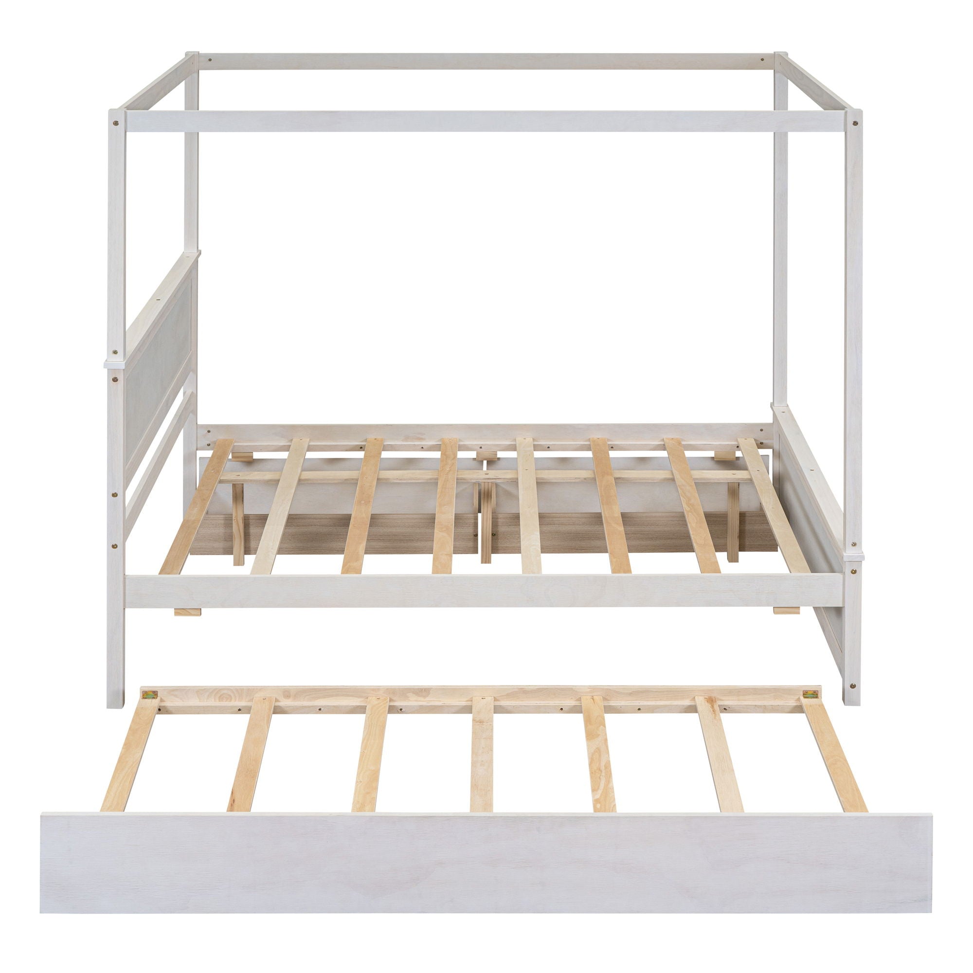 Full Size Canopy Platform Bed With Trundle Bed And 2 Drawers, Support Slats, No Box Spring Needed - Brushed White