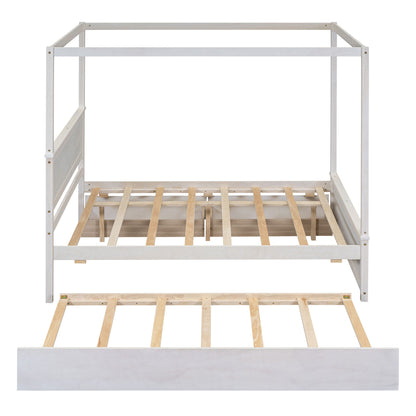 Full Size Canopy Platform Bed With Trundle Bed And 2 Drawers, Support Slats, No Box Spring Needed - Brushed White