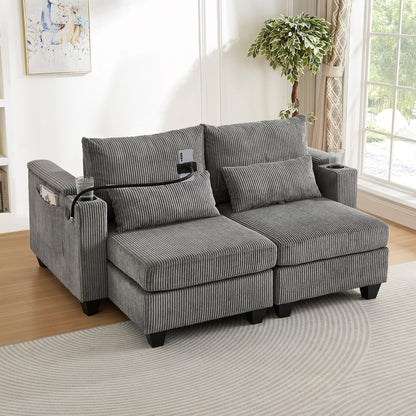Convertible Chaise Lounge Loveseat Sofa Bed With USB Ports, Cup Holders, Phone Holder, Ample Storage - Gray