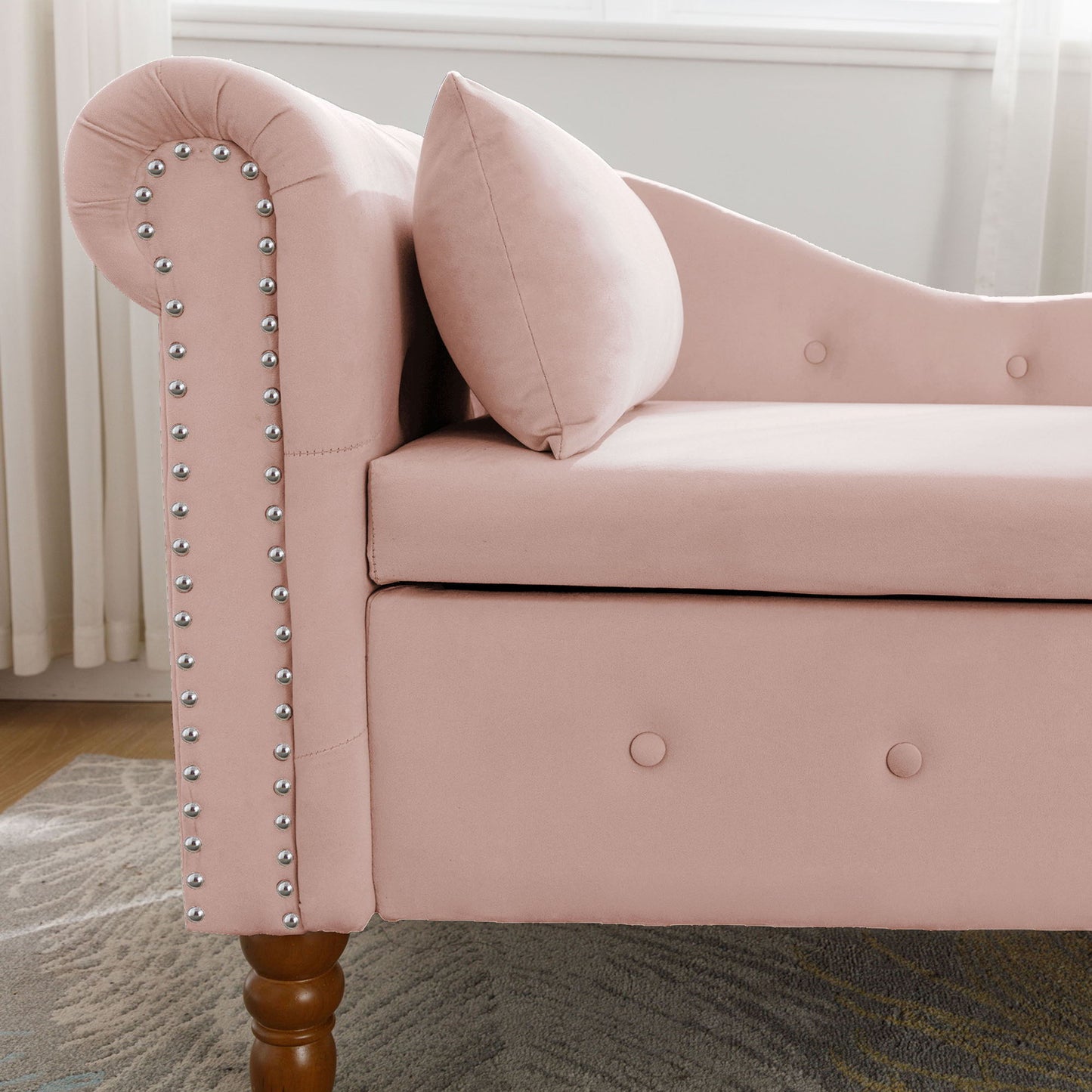 Chaise Lounge Indoor, Velvet Lounge Chair For Bedroom With Storage & Pillow, Modern Upholstered Rolled Arm Chase Lounge For Sleeping With Nailhead Trim For Living Room Bedroom Office - Pink