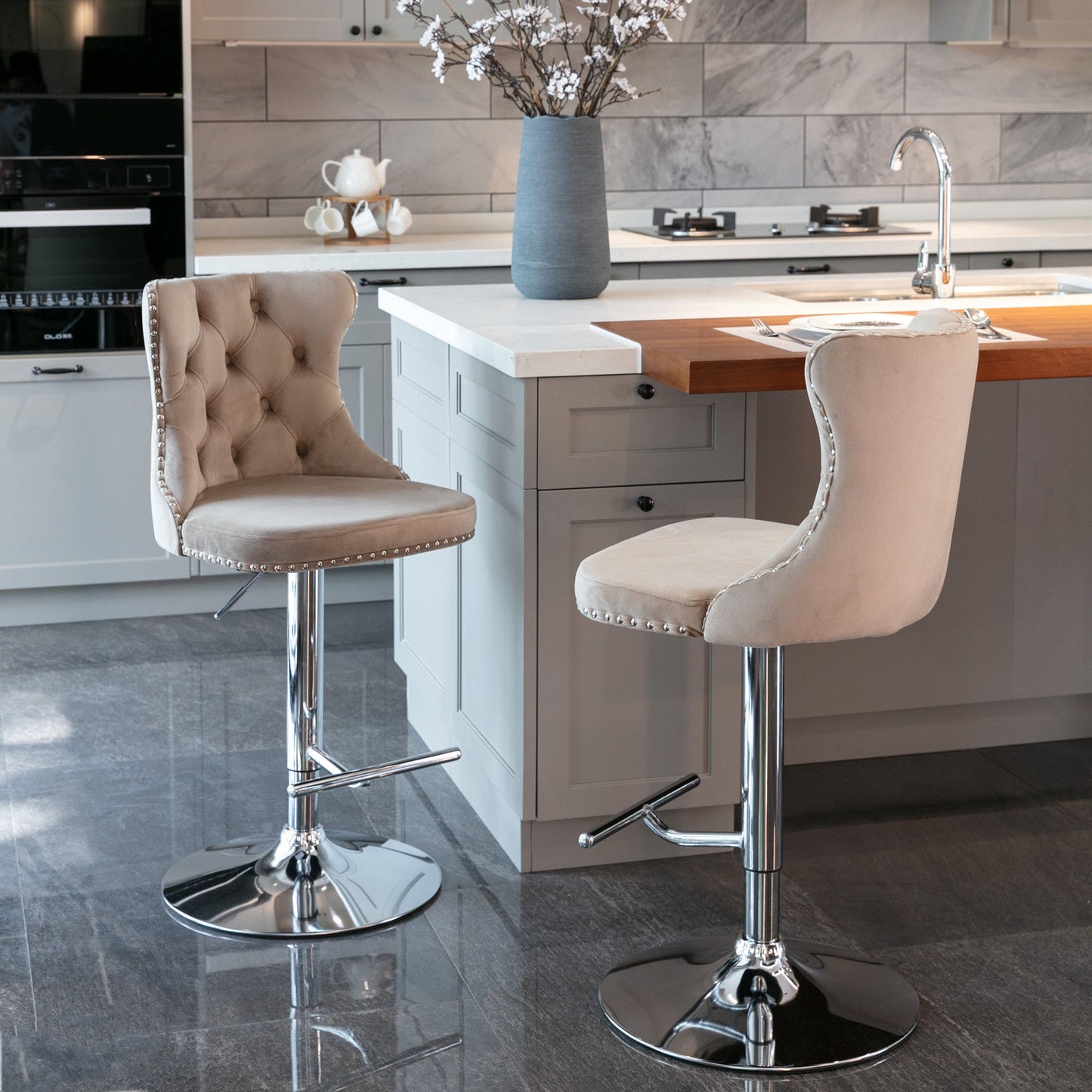 Swivel Velvet Barstools Adjusatble Seat Height From 25-33", Modern Upholstered Chrome Base Bar Stools With Backs Comfortable Tufted For Home Pub And Kitchen Island (Set of 2) - Khaki