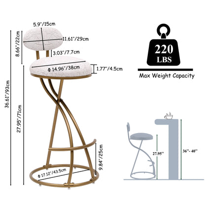 Modern S Shaped Bar Stools (Set of 2) With Backrest Floral Print Upholstered Dining Chairs Counter Height For Kitchen Island - Gold & White Print