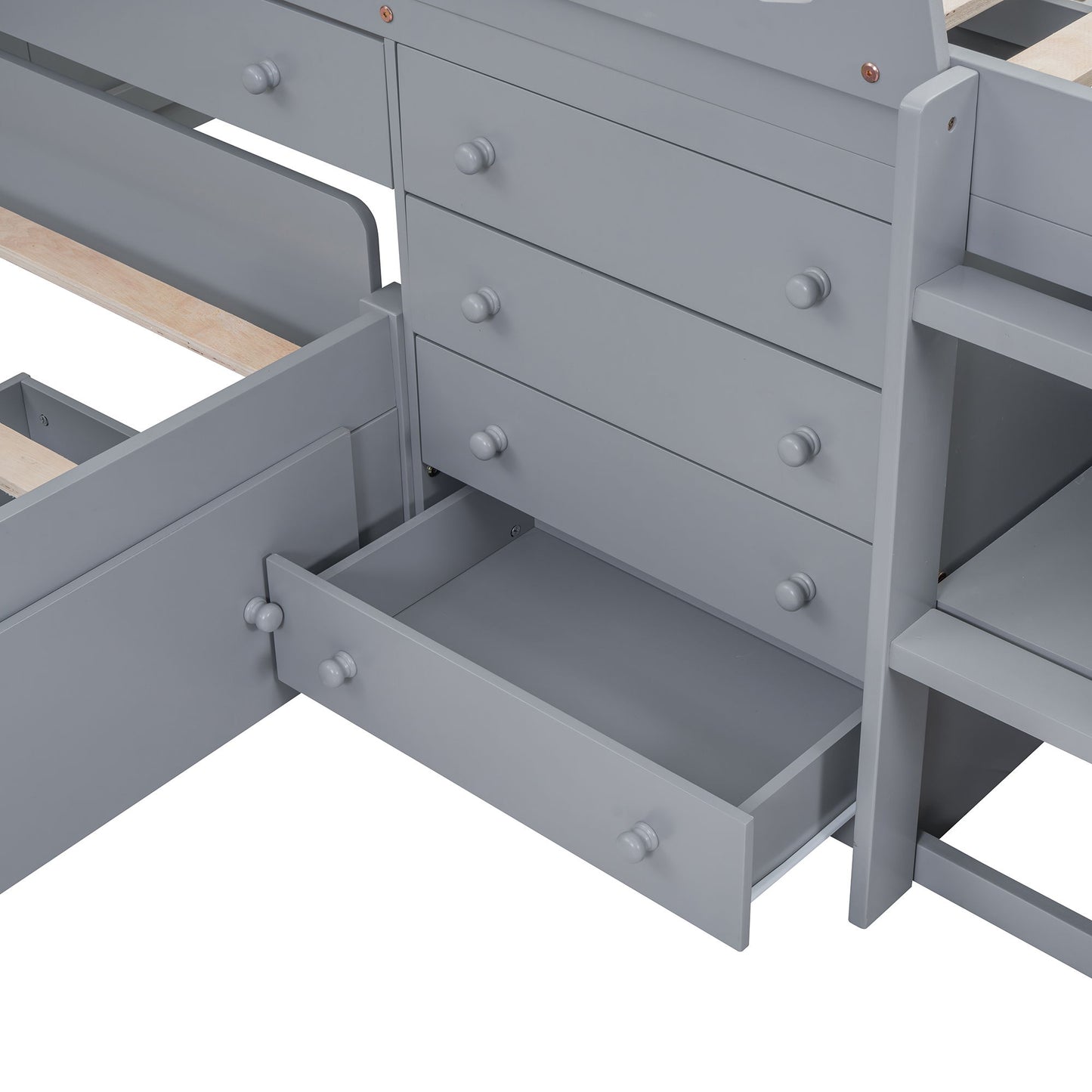 Twin Loft And Platform Bed With 7 Drawers And Full Guardrails, Modern L Shaped Space Saving - Gray