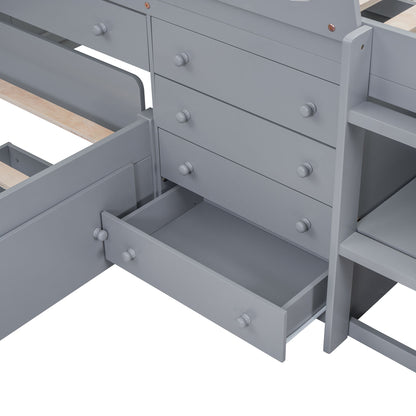 Twin Loft And Platform Bed With 7 Drawers And Full Guardrails, Modern L Shaped Space Saving - Gray