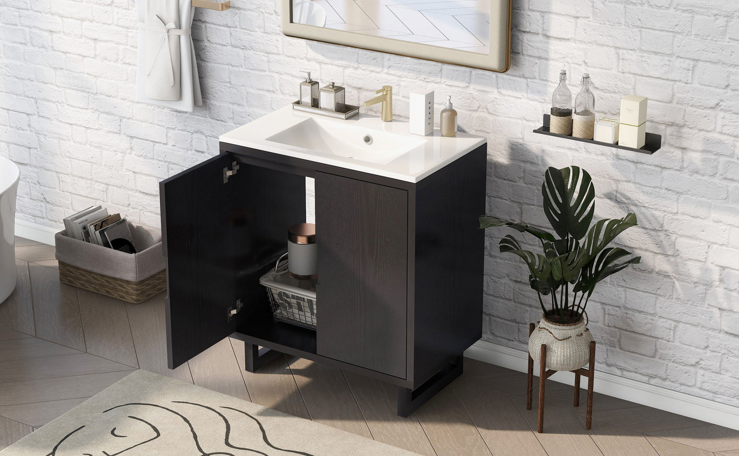 Bathroom Vanity Set With Sink, Combo Cabinet, Bathroom Storage Cabinet, Solid Wood Frame - Black