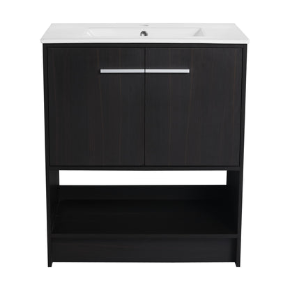 Modern Freestanding 30" Bathroom Vanity With Ceramic Sink, Soft Closing Doors Cabinet - Dark Oak