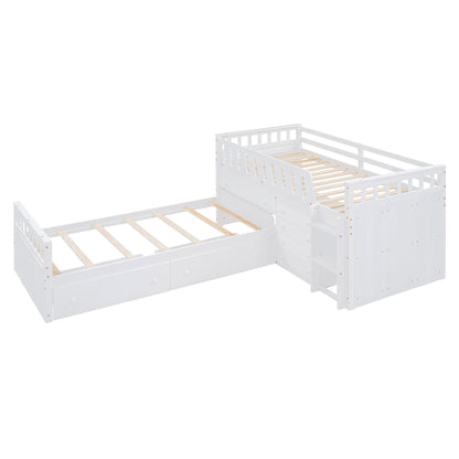 Twin Loft And Platform Bed With 7 Drawers And Full Guardrails, Modern L Shaped Space Savin - White