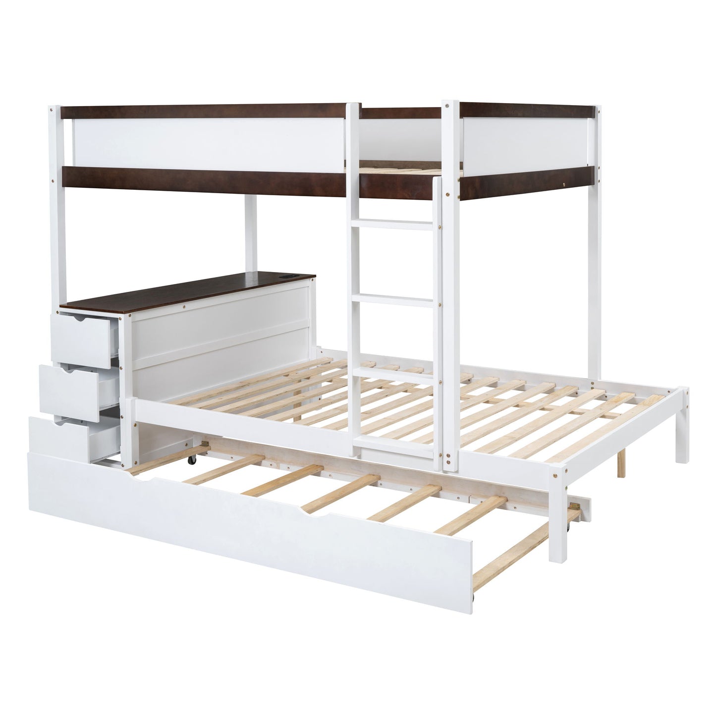 Full Over Full Bunk Bed With Twin Size Trundle, Storage And Desk - White / Walnut