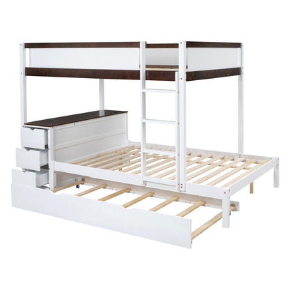 Full Over Full Bunk Bed With Twin Size Trundle, Storage And Desk - White / Walnut