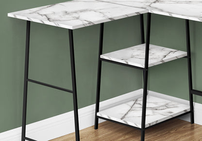 Computer Desk, Home Office, Corner, Storage Shelves, L-Shape, Work, Laptop, Marble Look Laminate, Contemporary, Modern - White